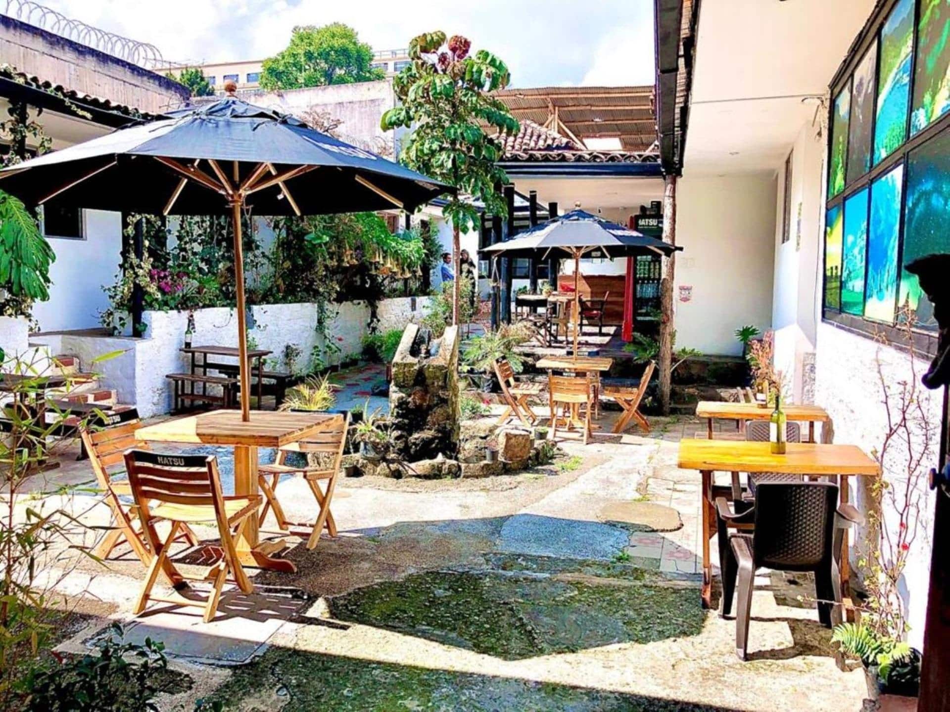 Patio soleado con mesas de madera, sombrillas y plantas