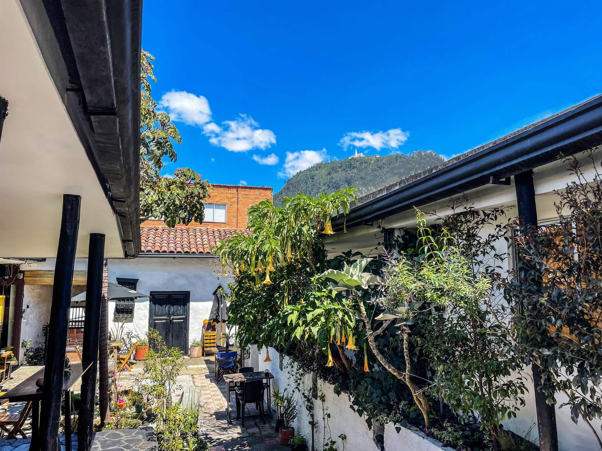 Corredor del patio con plantas y los cerros al fondo