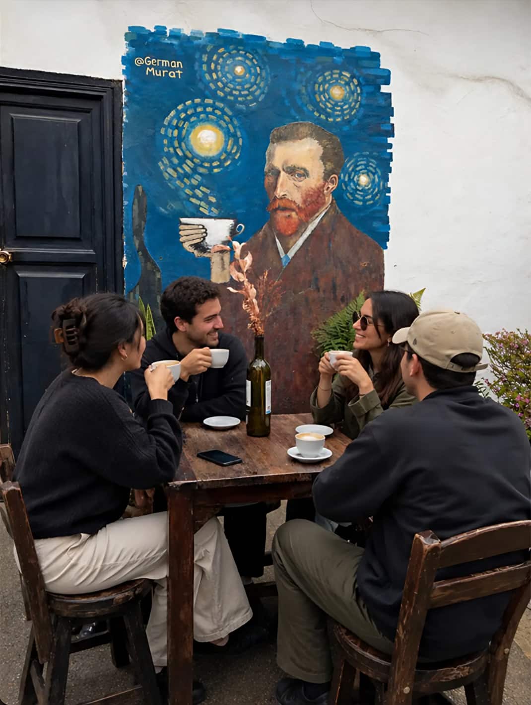 Imagen marcada como IA en Instagram: cuatro personas toman café frente al mural de Van Gogh con taza