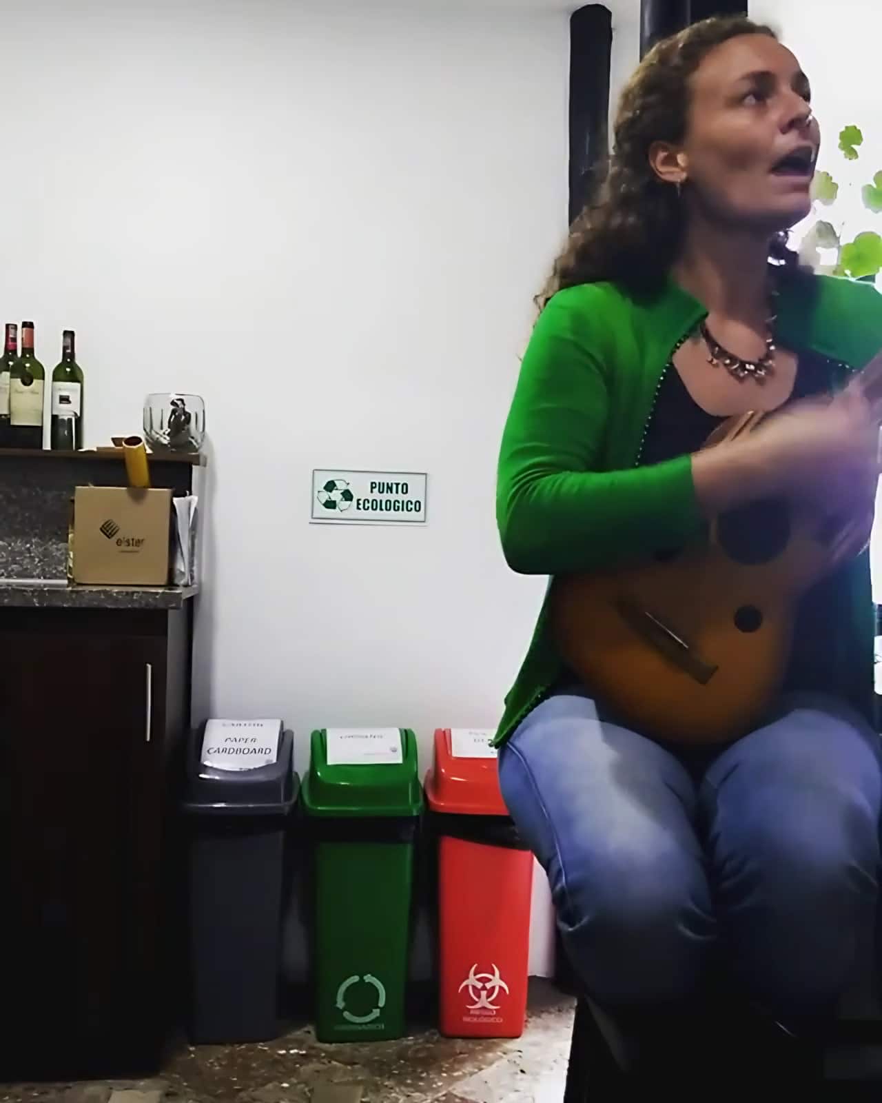 Cantante con suéter verde canta y toca un instrumento de cuerdas pequeño (archivo 2018)