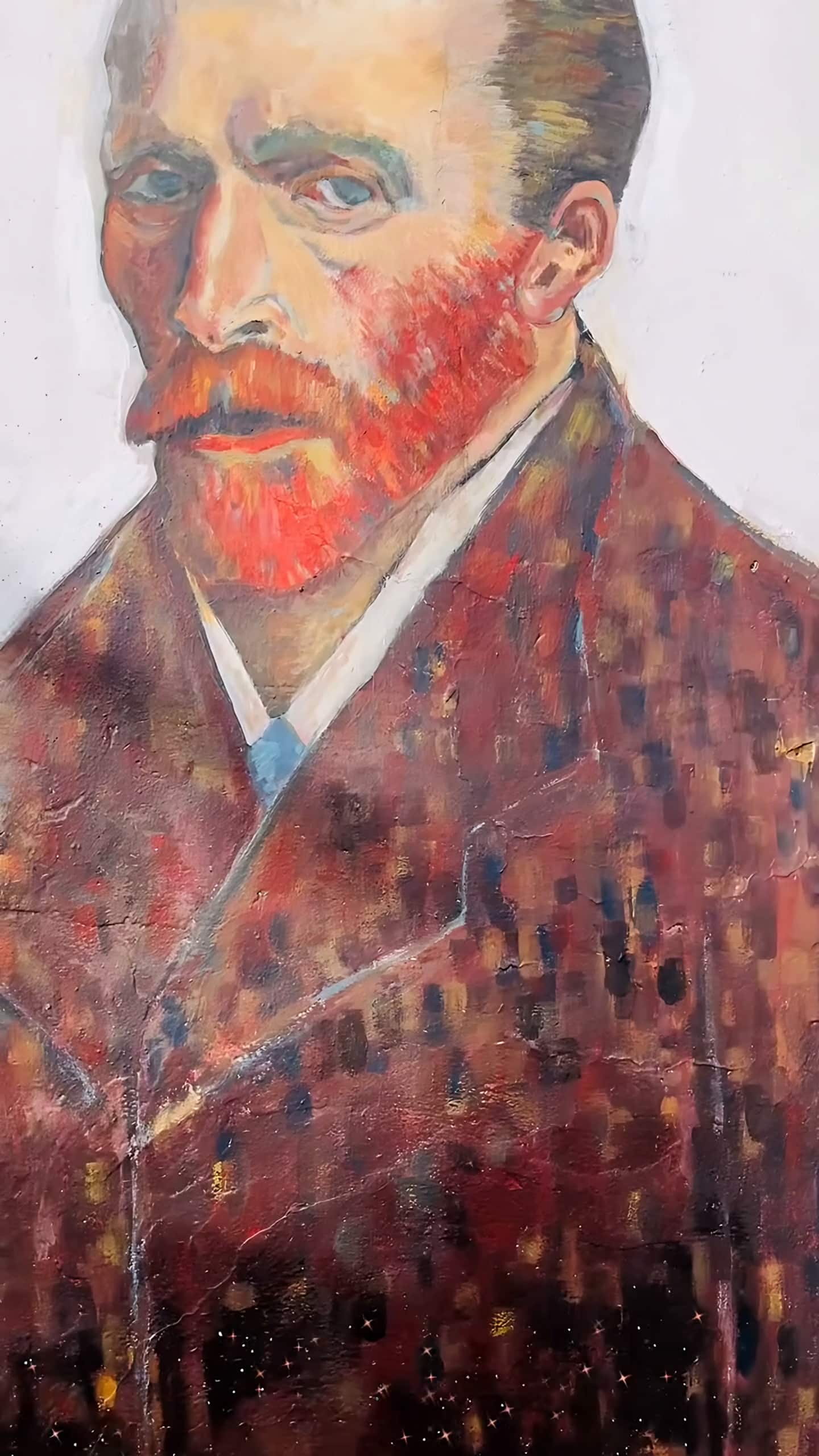 Detalle del rostro de Van Gogh en el mural en proceso, con pinceladas rojas y cafés